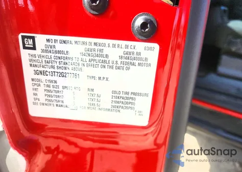 2002 Chevrolet Avalanche C1500 из США, поврежденный, VIN 3GNEC13T72G277761